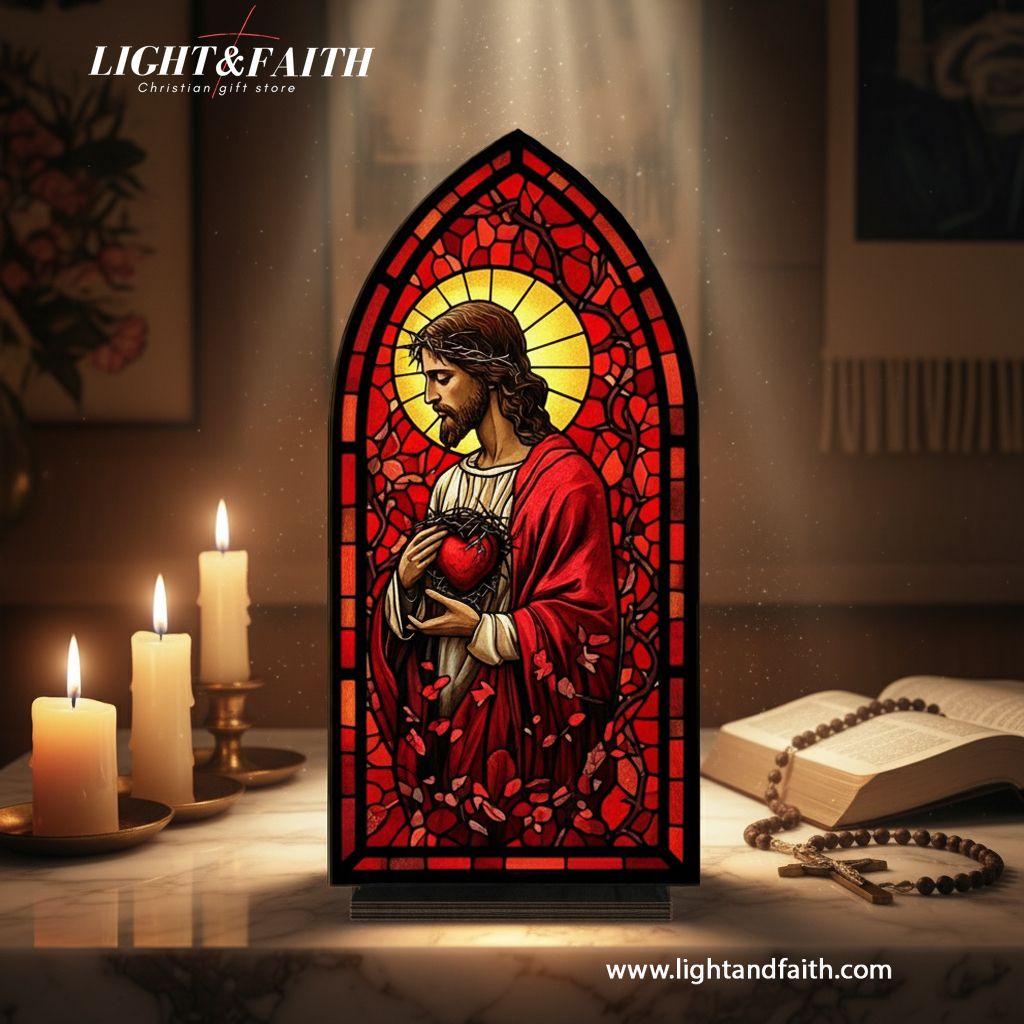 Sacred Heart of Jesus Book Nook, Stained Glass Style Acrylic Decor, Christian Gift, Religious Home Decoration, Faith Art Display BNLAF12